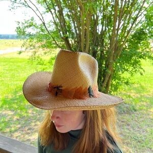 Vintage Chess King Straw Cowboy Coastal Cowgirl Rodeo Feathers Hat Western